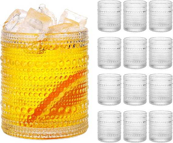 Moretoes Hobnail Drinking Glasses Set of 12 | Cocktail Glasses Vintage Glassware, Textured Glass Cups Bubble Glasses Water Glasses Old Fashion Jupiter Glasses Set (Clear)