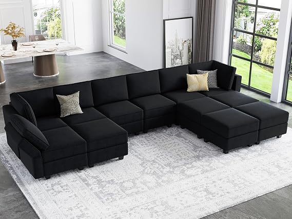 Belffin Oversized Modular Sectional U Shaped Couch with Reversible Double Chaises Velvet Sleeper Sofa with Storage Black