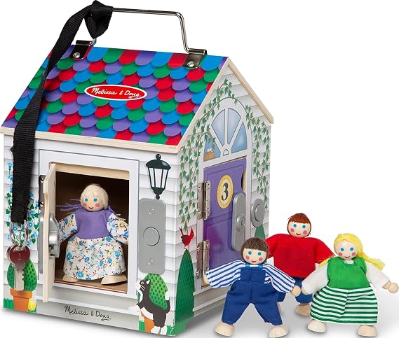 Melissa & Doug Take-Along Wooden Doorbell Dollhouse - Doorbell Sounds, Keys, 4 Poseable Wooden Dolls Portable Doll House, Doorbell House for Kids Ages 3+