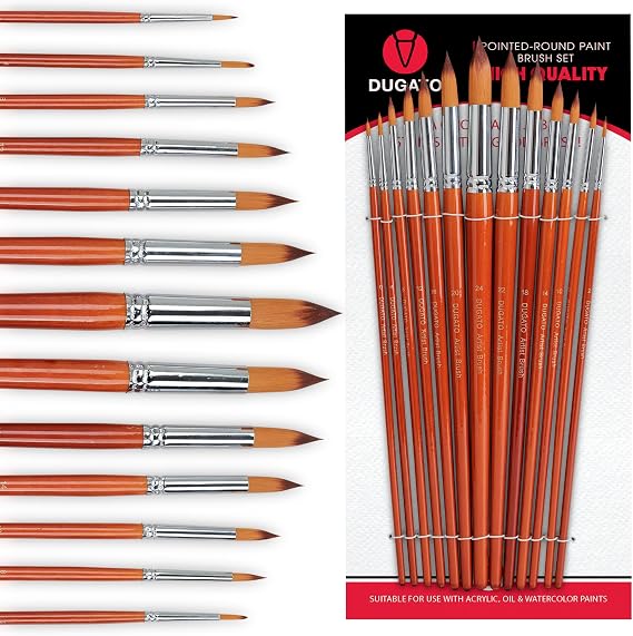DUGATO Artist Round Paint Brush Set, 13-Piece Long Handle Round Pointed Tip | Anti-Shedding Nylon for Watercolor, Acrylic, Oil, Gouache, Ink & Tempera