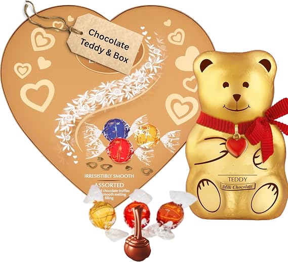 Chocolates Gift Set - 200g Assorted Love Heart Chocolates Box, 100g Teddy Milk Chocolate with Red Gift Tag, Chocolates Gifts for Women, birthday gifts for women, anniversary