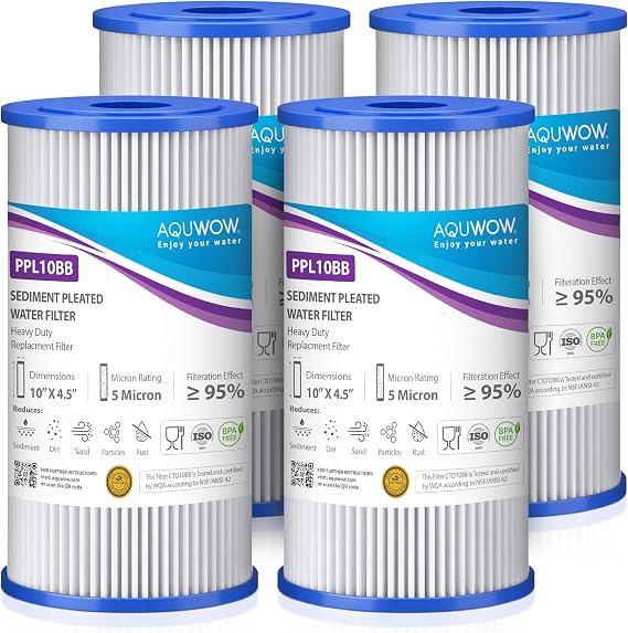 PPL10BB 5 Micron 4.5" x 10" Sediment Pleated Water Filter Set Big Blue Replacement Cartridges for Whole House Water Filtration Systems Durable Premium Quality (4, 10 x 4.5)
