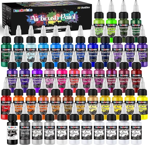 FansArriche Airbrush Paint, 44 Colors with 6 Thinners, 20 ml/Bottle | Acrylic Air Brush Painting Set, Ready to Spray Water-Based Opaque & Neon & Iridescent Airbrush Kit for Beginners, Artists