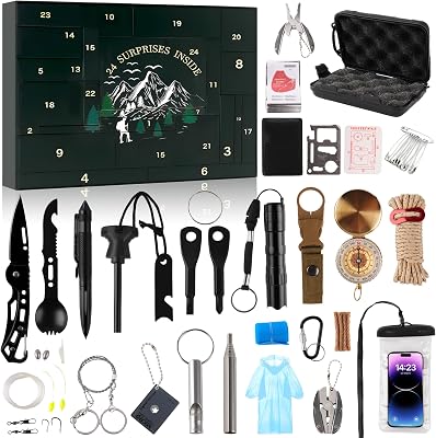 Survival Kit Advent Calendar 2025 for Men, 24 Day Christmas Countdown Surprise Gift with Outdoor Survival Tools for Teen Boys Men Outdoor Enthusiasts Hiking, Camping, Hunting, Fishing