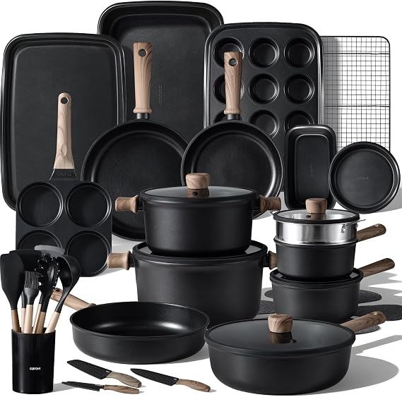 CAROTE 44pcs Pots and Pans, Nonstick Cookware Set with Bakeware | Induction Kitchen Cooking Set, Durable, Easy Food Release, Even Heating, with Knife Set