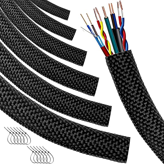 Automotive Wire Loom High Temperature Braided Wire Loom, Split-Sleeve Heat Resistant Wiring Loom Cord Cover for Harness Wires, Self-Wrapping Heavy Duty Sheathing Cable Management Black(16ft-3/4inch )