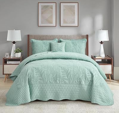 Botanical Oversized Bedspread King Size - Leaves Pattern Stitching Quilt Set - Elegant & Fresh Style Bedding Coverlets, Reversible, Lightweight, 5 Piece, Seaglass