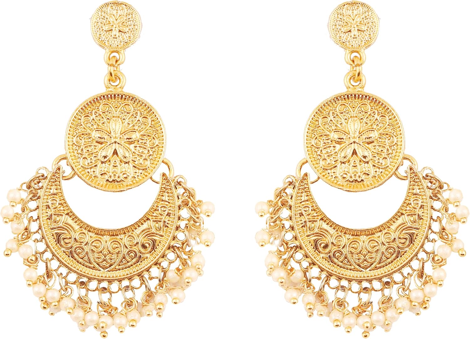 Touchstone Indian Bollywood pretty fringes and floral theme ethnic south Indian Chandbali Moon bridal designer jewelry chandelier earrings for women in antique gold tone., Metal, No Gemstone