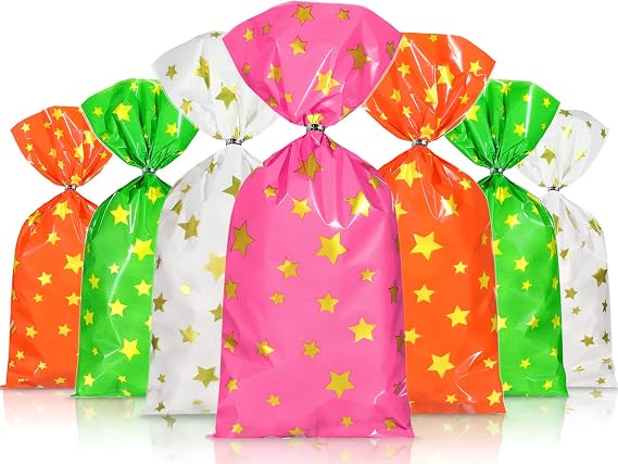 Pajean 100 Pcs Cellophane Treat Bags Star Pattern Colorful Goodie Candy Bags with Twist Ties Rainbow Party Favor Bulk for Birthday Baby Shower Classroom Party Supplies, 10.8 x 4.9 Inches