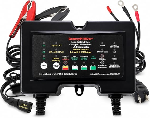 244CEC2: 24V- 1/2/4 AMP Smart Trickle Charger, Lithium (LiFePO4) Battery Maintainer, and Battery Desulfator - Designed for Trucks, Boats, RV, Generators