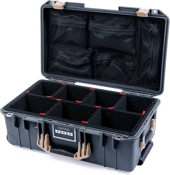 ColorCase Pelican Air 1535 Carry-on Case Graphite - Medium Size Waterproof Case with TrekPak Divider System & Mesh Lid Organizer - Desert Tan Handles & Latches