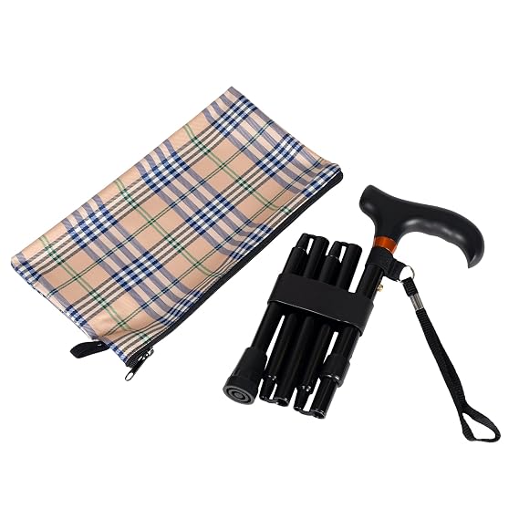 Mini Folding Cane Adjustable Travel Walking Stick for Men & Women, Lightweight Aluminum with Solid Wood Derby Handle, Compact & Portable (Black)