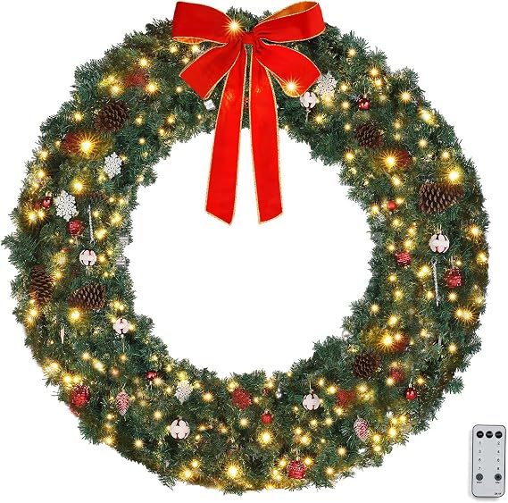 VINGLI 60" Large Pre Lit Outdoor Christmas Wreath with 220 LED Lights | Green Christmas Wreath with 600 PVC Branches, Bow, Pine Cones And Timer Remote, Perfect for Garage And Outdoor Holiday Decor