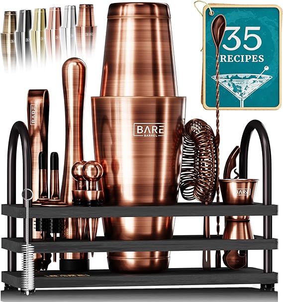 Pro Cocktail Kit | Mixology Bartender Kit | 14-Piece Cocktail Shaker Set | Martini Home Bartending Bar Accessories | Incl. 35 Recipe Cards | Gift Set 800ml/28oz Boston Shaker, Black Silver.