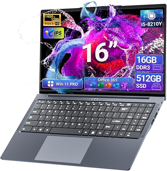 2026 Laptop, 16 Laptop Computer with Core i5-8210Y Processor (Up to 3.6GHz) 16GB RAM 512GB SSD, UHD Graphics, FHD 1920*1200, WiFi 5, BT 5.0, 180Open Lap Top, Win 11 Pro, Backlit Keyboard