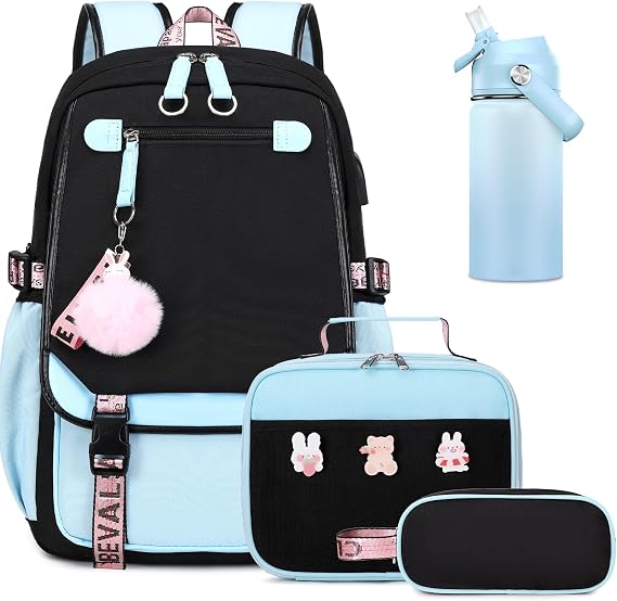 Bevalsa Kids Backpack for Girls with Insulated Water Bottle, Blue Cute Bookbag for Girls Kid, 14oz Termos Kids Water Bottle, Insulated Lunch Bag & Pencial Case, Back To School Gift