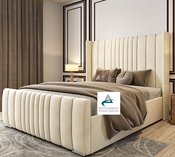 Double Ottoman Bed Curved | Winged Headboard Ottoman Storage Bed | Velvet Upholstered Bed Frame | Wingback Curved Beds Frame |King, Super King (Black Plush Velvet, 4FT SMALL DOUBLE)