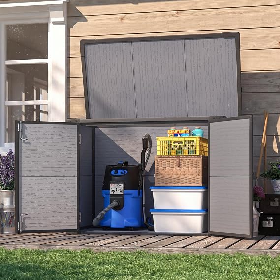 U-MAX Resin Outdoor Storage Cabinet, 23 Cu.Ft Horizontal Box with Base | Waterproof, Reinforced Floor for Heavy Tool, Lockable Doors, Easy Assembly, All-Weather Plastic for Patio Use