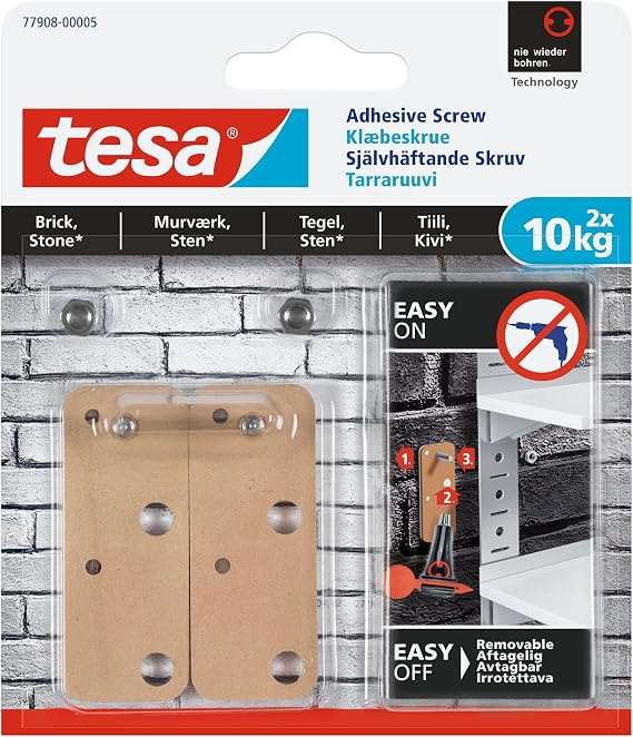 tesa 2-Pack Removable Adhesive Screw for Brick & Stone up to 22lb - Easy Mounting and Hanging, Strong and Removable