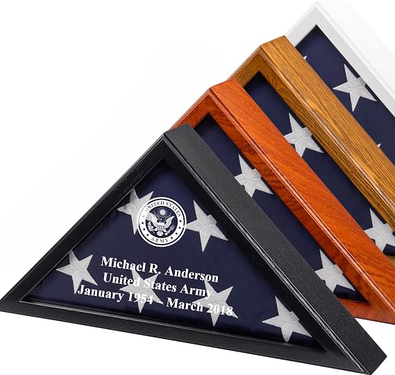 Personalized Flag Display Case for 5' x 9.5' Flag All Military Branches Available, Veteran Memorial Display Case with Glass Front (Black)