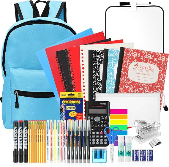 Gilprop 52 Pcs Middle and High School Supplies Kit with Backpack,Light Blue