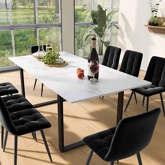 Extendable Dining Table 140-180cm, Rectangular Marble Effect Dining Table, White Wooden Table with Black Metal Legs, Modern Kitchen Tables for Home and Office(No Chairs)