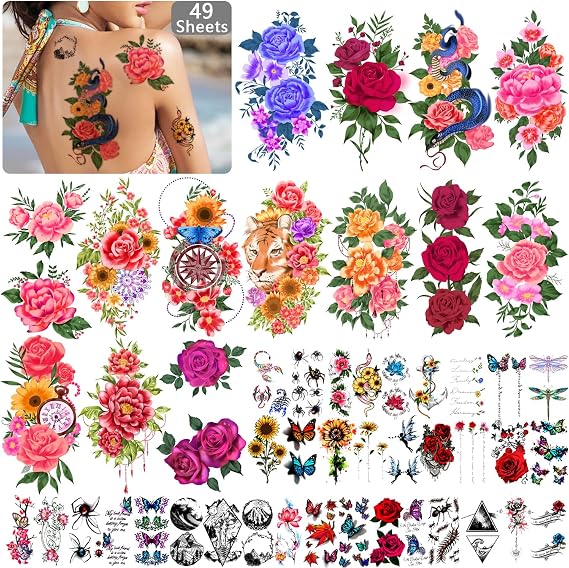 49 Sheets Temporary Tattoos for Women and Men 3D Extra Large Waterproof Sexy Flowers Fake Tattoo Kits