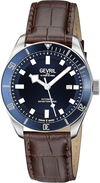 Gevril 48601-5 Men's Yorkville Swiss Automatic Watch, Genuine Leather Italian Brown Strap with Tang Buckle, Silver, Automatic Watch