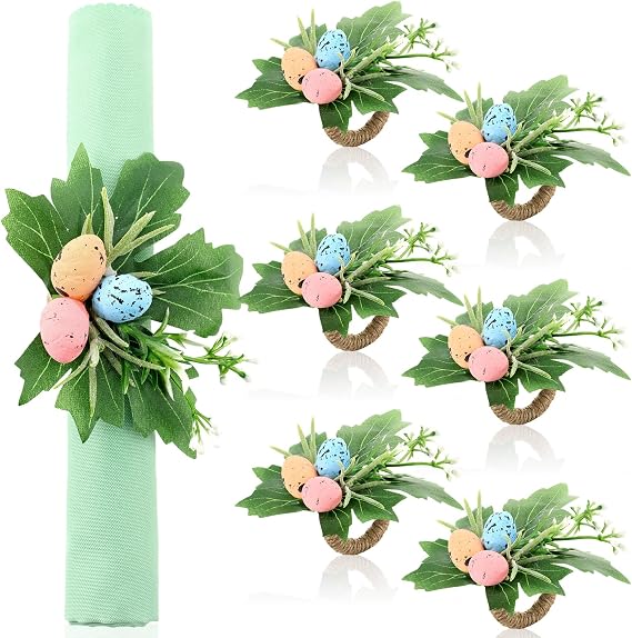 6 Pcs Easter Egg Napkin Rings Blue Pink and Yellow Easter Napkin Ring Holder Rattan Farmhouse Tissue Rings with Leaves for Spring Dinner Party Table Decor Settings