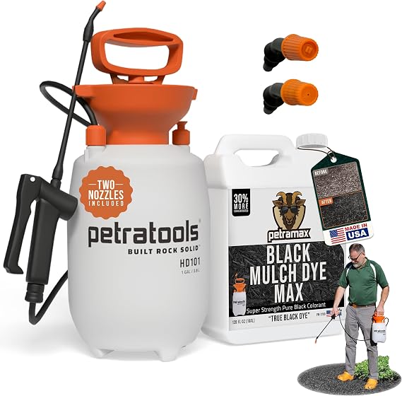 PetraTools Black Mulch Dye with Sprayer Landscaping Bundle - 1 Gallon Black Mulch Paint - Superior Coverage, Long-Lasting Color - Mulch Spray or Pine Straw, Yard Dye with HD101 Pump Garden Sprayer