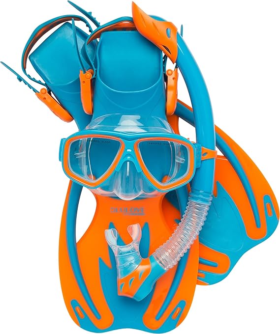 Cressi Junior Snorkel Kit for Kids Ages 3 to 8 - Mask + Dry Snorkel + Adjustable Fins + Net Bag Rocks Kids Set