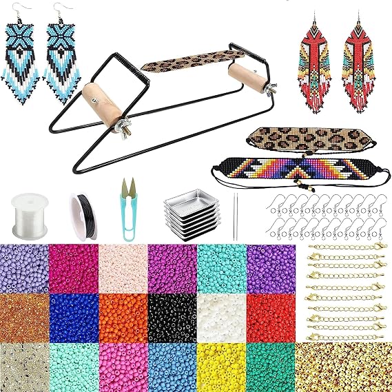 Frame Beading Loom Kit for Boho Beaded Bracelets Earrings Belts Making, Includes 16000 Glass Seed Beads(dia 3mm) and 1200 Gold/Silver Bling Beads,150 Meter Clear Cord, Beading Trays, Needles and Instr