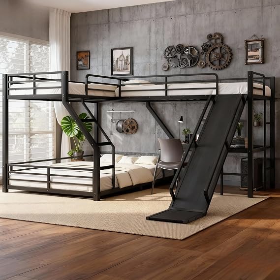 Triple Bunk Beds, L-shaped Twin XL over Queen Bunk Bed Attached a Loftbed with Desk, 3 Bunk Bed Frame with Slide and USB Ports, Metal Corner Bunkbed Frame for Kids, Teens, Adults, Metallic Black