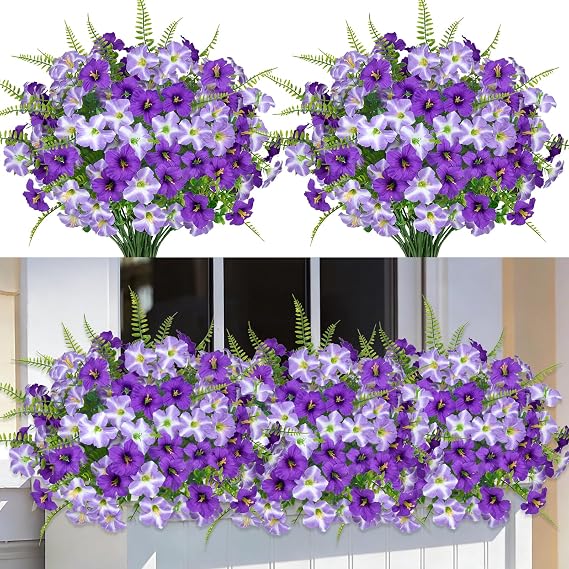 9 Bundles Artificial Plants Fake Purple Petunia Flowers for Outdoor Decor