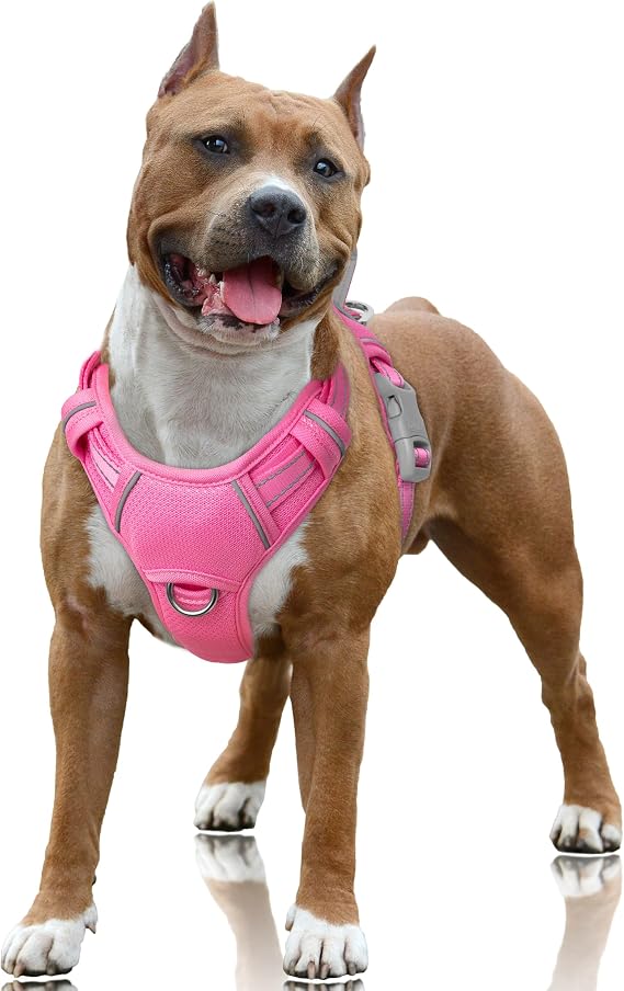 BARKBAY No Pull Dog Harness Large Step in Reflective Dog Harness with Front Clip and Easy Control Handle for Walking Training Running with ID tag Pocket(Pink,L)