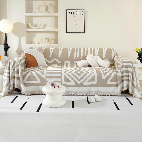 Chenille Sofa Cover 2 3 4 Seater, Chenille Couch Cover for Corner Sofa, Washable Sofa Slipcover, Couch Protector Loveseat L Shaped Covers with Tassel, Suitable for All Seasons, 180 x 300 cm, Khaki