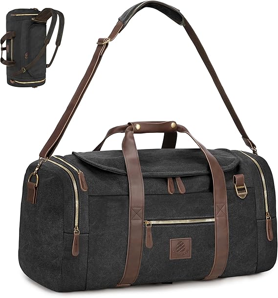 60L Travel Bags for Men, Nomad Canvas Duffle Bag Vintage Genuine Leather Travel Duffel Bag Multifunctional Weekender Overnight Backpack with Shoes Compartment (Black, X Large-60L)