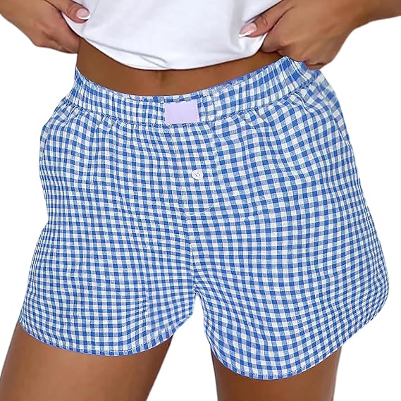 FaroDor Women Lounge Plaid Shorts for Women Y2K Elastic High Waist Wide Leg Gingham Boxer Pajama Bottoms Blue X-Large