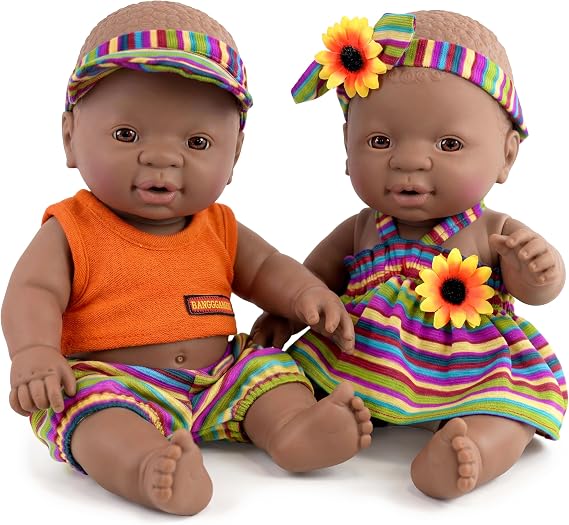 The Magic Toy Shop Bibi Doll - 12" Realistic Lifelike Vinyl Black Dark Skin Twin Dolls Ethnic African Style Baby Doll, Anatomically Correct