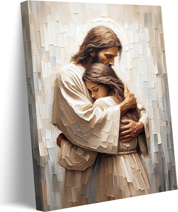 XXG Jesus Hugging Woman Canvas Wall Art Jesus And Woman Safe In His Arms Wall Decor Pictures Modern Christian Healing Embrace Print Poster for Bedroom Living Room Church Home Decoration Ready To Hang