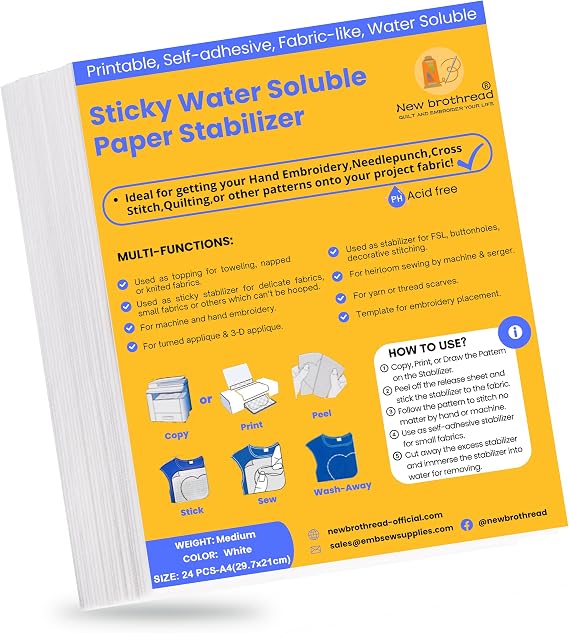 New brothread 24PCS A4 (29.7 x 21 cm) Embroidery Stabilizer Self-adhesive Water-Soluble Embroidery Paper Printable - Medium Weight - Suitable for Printing or Drawing Patterns, Hand and Machine