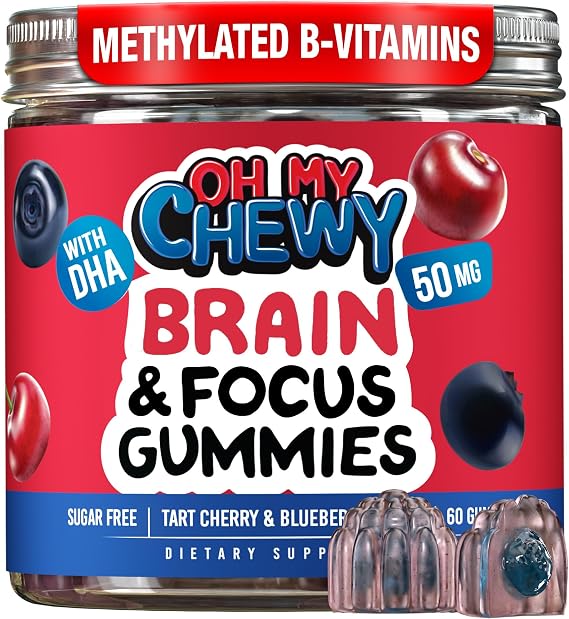 Center-Filled Brain and Focus Gummies For Kids & Teens DHA Complex Support | Memory and Cognition Supplements with DHA, Methylated B Vitamins, Folate, Zinc