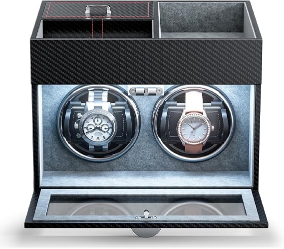 Double Watch Winder, Watch Winders for 2 Watches with Storage Box, Automatic Watch Winder Box Self Winding with Quiet Motor Display Case for Men and Women