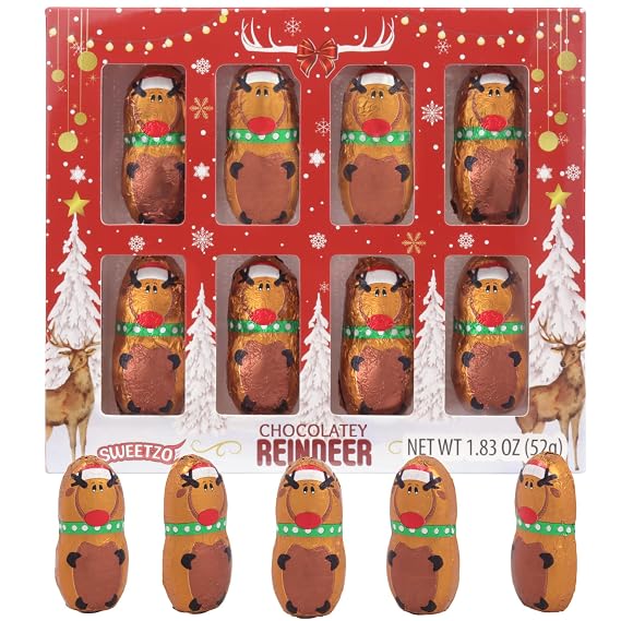 Mini Christmas Chocolatey Reindeer Gift Box, 8 Individually Wrapped Candies Inside, Holiday Candy for Parties, 1.83 Ounces
