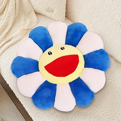 FIONOUT Flower Pillow,Sunflower Pillow,Smile Face Cute Cushion,Soft Daisy Shaped Throw Pillow Flower Floor Cushion for Bedroom Aesthetic,Couch Pillows for Lliving Room 16.92In,Blue