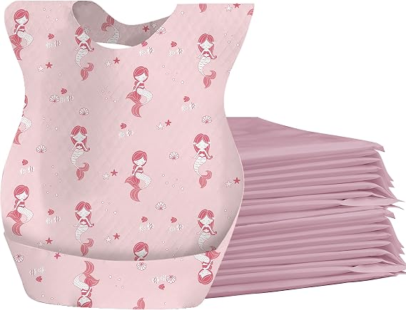Cosermart Disposable Bibs for Baby, 50pcs Disposable Travel Bibs with Crumb Cather for Kids Self Feeding Individual Wrapped