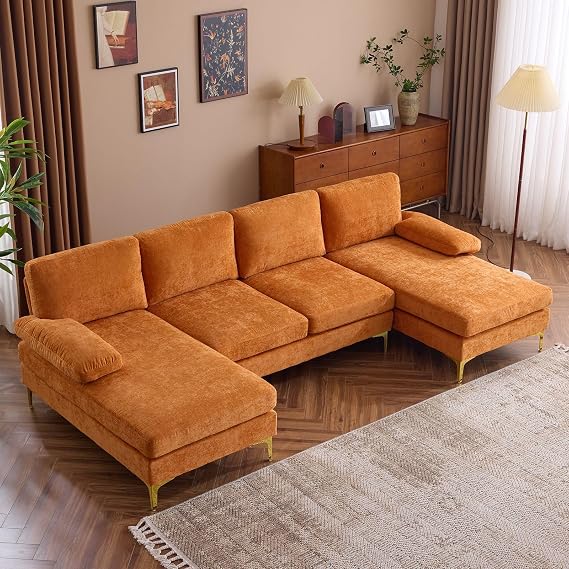 Karl home 110" Sectional Sofa U-Shaped 4-Seat Couch, Orange