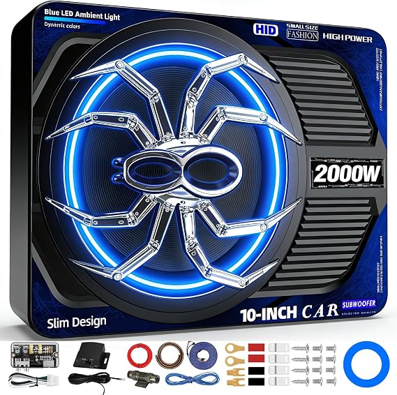 2000W 10 Inch Underseat Car Subwoofer and Amp Package, Slim Powered Under Seat Sub with Built-in Class D Amp and DSP, Blue LED Switch, Low Pass Filter, Bass Boost for Truck SUV