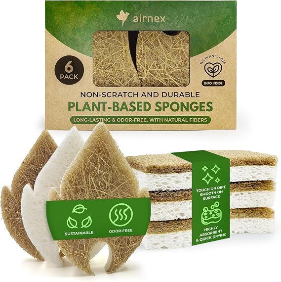 AIRNEX Natural Kitchen Sponges (6 Pack) - Biodegradable Cellulose & Coconut Scrubber Dish Sponge for Kitchen - Eco-Friendly, Non Scratch, Compostable, Non Toxic Leaf Shaped Natural Sponges for Dishes