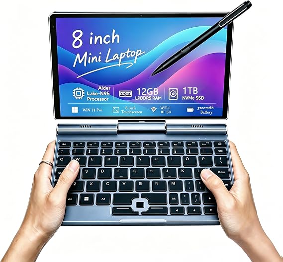 KOOFORWAY 8" Mini Laptop, N95,2-in-1 Small Computer 12GB RAM, 1TB SSD | Touchscreen, Win 11 Pro, Wi-Fi 6, BT 5.2, Stylus Support, HDMI, Lightweight Portable Convertible PC